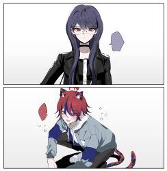 ... 1boy 1girl 2koma ahoge animal_ears black_jacket blue_hair blush cat_boy cat_ears cat_tail closed_mouth collar comic crouching earrings hair_between_eyes hair_over_eyes highres hood hoodie jacket jewelry long_hair long_sleeves looking_at_viewer messy_hair multicolored_hair purple_eyes purple_hair red_eyes red_hair shizuhara_hiruko speech_bubble star_(symbol) sumino_takumi tail the_hundred_line_-last_defense_academy- upper_body white_hoodie
