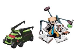1boy book caution_tape coke-bottle_glasses crane_(machine) extra_ears gali_ben glasses goggles lab_coat mechanical_arms official_art orange_hair promotional_art scientist tailenders tie vehicle