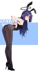 1girl absurdres alternate_costume animal_ear_hairband animal_ears ass bent_over black_leotard black_pantyhose blue_archive blue_eyes breasts character_name detached_collar fake_animal_ears fake_tail hair_down hairband high_heels highleg highleg_leotard highres leotard long_hair medium_breasts painterliuhao pantyhose playboy_bunny purple_hair rabbit_ear_hairband rabbit_ears rabbit_tail red_pupils solo strapless strapless_leotard tail white_wrist_cuffs wrist_cuffs yuuka_(blue_archive)