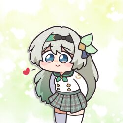 1girl arms_behind_back black_hairband black_sailor_collar blue_ribbon blush_stickers buttons double-breasted firefly_(honkai:_star_rail) firefly_(spring_missive)_(honkai:_star_rail) gradient_hair green_neckerchief grey_hair hair_between_eyes hair_intakes hair_ornament hair_ribbon hairband heart highres honkai:_star_rail honkai_(series) multicolored_eyes multicolored_hair neckerchief plaid_clothes plaid_skirt ribbon sailor_collar school_uniform serafuku skirt smile solo thighhighs underdatv white_thighhighs
