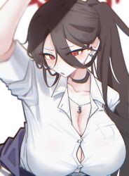 1girl absurdres black_hair blue_archive breasts choker cleavage commentary earrings english_commentary hair_between_eyes halo hasumi_(blue_archive) highres i3eancurd jewelry large_breasts long_hair looking_at_viewer mole mole_under_eye ponytail red_eyes red_halo shirt simple_background solo upper_body white_background white_shirt