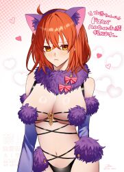 1girl absurdres ahoge bikini black_panties blush breasts chaldea_logo cosplay elbow_gloves fang fate/grand_order fate_(series) fujimaru_ritsuka_(female) fur-trimmed_legwear fur_bikini fur_bra fur_collar fur_trim gloves hair_between_eyes highres large_breasts looking_at_viewer mash_kyrielight mash_kyrielight_(dangerous_beast) mash_kyrielight_(dangerous_beast)_(cosplay) medium_hair orange_eyes orange_hair panties pink_ribbon purple_gloves red_hair revealing_clothes ribbon short_hair solo sweatdrop swimsuit tt_hmx underwear