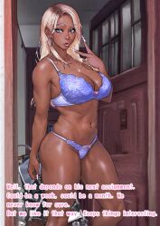 1girl absurdres b_0_rukia bare_shoulders blonde_hair blue_eyes bra breasts collarbone dark-skinned_female dark_skin door earrings english_text female_focus fingernails gyaru highres hoop_earrings house jewelry large_breasts lips long_fingernails long_hair original panties parted_lips ring shiny_skin thighs underwear v wedding_ring
