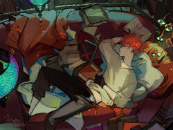 1boy belt black_gloves black_pants black_shoes book brown_belt closed_eyes coat commentary couch dated glasses gloves grey_shirt hand_on_own_stomach male_focus matsunaka_hiro on_couch open_book orange_hair original pants shirt shoes short_hair signature sleeping solo unworn_coat unworn_eyewear