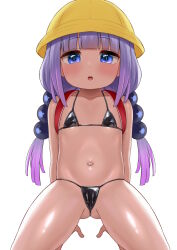 1girl atg_(wttoo0202) bikini black_bikini blue_eyes blunt_bangs collarbone commentary_request flat_chest gluteal_fold gradient_hair hair_bobbles hair_ornament hat highres kanna_kamui kobayashi-san_chi_no_maidragon loli looking_at_viewer low_twintails micro_bikini multicolored_hair navel open_mouth pink_hair purple_hair simple_background slit_pupils solo swimsuit twintails white_background yellow_hat