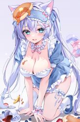1girl absurdres animal_ears blue_dress blue_eyes blush bow breasts cat_ears cat_tail cleavage collar collarbone cup dress eneru_(enepuni) food frilled_dress frills highres jewelry large_breasts long_hair looking_at_viewer open_mouth original pancake plate ribbon short_dress single_thighhigh sleep_mask smile solo tail thighhighs thighlet twintails very_long_hair white_thighhighs wrist_cuffs