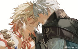 Rule 34 | 2boys, antenna hair, black coat, black shirt, blonde hair, blue cape, blue eyes, braid, cape, chest tattoo, chinese commentary, coat, commentary request, earrings, eye contact, facial tattoo, gold earrings, gold necklace, gradient hair, hair between eyes, highres, honkai: star rail, honkai (series), implied kiss, jewelry, looking at another, male focus, medium hair, multicolored hair, multiple boys, mydei (honkai: star rail), necklace, open clothes, open coat, phainon (honkai: star rail), red hair, red tattoo, saliva, saliva trail, shirt, short hair, side braid, simple background, tattoo, weibo 8412832099, white background, white coat, white hair, yaoi, yellow eyes