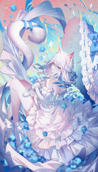 1girl absurdres animal_ears bare_legs bare_shoulders blue_bow blue_eyes blue_flower blue_rose bow cat_ears cat_tail dress flower heterochromia high_heels highres juliet_sleeves long_sleeves looking_at_viewer medium_hair original puffy_sleeves rose sheya shoes solo tail umbrella white_dress white_hair white_shoes white_umbrella yellow_eyes