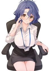 1girl absurdres antenna_hair b1ack_illust black_skirt blue_hair blush breasts brown_eyes chair closed_mouth commentary_request glasses highres idolmaster idolmaster_million_live! lanyard large_breasts looking_at_viewer office_chair office_lady on_chair parted_bangs pencil_skirt shirt short_hair simple_background sitting skirt smile solo swivel_chair thighs toyokawa_fuka wavy_hair white_background white_shirt