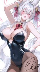 1girl :d ahoge animal_ear_fluff animal_ears arm_behind_back arm_up armpit_crease bare_shoulders bell black_leotard blush bow bowtie breasts brown_pantyhose cleavage colored_eyelashes commission covered_navel cowboy_shot detached_collar double-parted_bangs ella_7737 facial_mark fox_ears fox_girl fox_tail hair_bell hair_bow hair_intakes hair_ornament hand_on_own_hip hand_up heart highleg highleg_leotard highres huge_breasts indie_virtual_youtuber jingle_bell large_breasts leotard long_hair looking_at_viewer neck_bell nontraditional_playboy_bunny open_mouth pantyhose red_eyes red_nails red_ribbon ribbon satsuki_mei_(vtuber) simple_background smile solo strapless strapless_leotard sweat tail twintails very_long_hair virtual_youtuber white_background white_eyelashes white_hair wrist_cuffs
