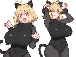 1girl :3 absurdres animal_ear_fluff animal_ears antenna_hair arcueid_brunestud arcueid_brunestud_(monster_cat) black_leotard blonde_hair blush blush_stickers bodystocking breasts bright_pupils cat_ears cat_tail closed_eyes closed_mouth covered_navel ebora eyelashes fang fur_collar hair_between_eyes hands_up highres huge_breasts kagetsu_tooya leotard long_eyelashes looking_at_viewer multiple_views non-web_source open_mouth pantyhose red_eyes short_hair simple_background smile tail tsukihime white_background white_pupils