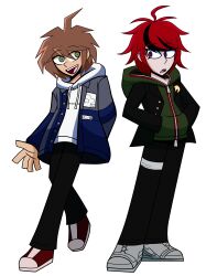 ahoge black_hair blue_eyes cosplay costume_switch creator_connection crossover danganronpa:_trigger_happy_havoc danganronpa_(series) full_body green_eyes green_hoodie hair_between_eyes hair_over_one_eye hood hoodie looking_at_another looking_to_the_side messy_hair multicolored_eyes multicolored_hair naegi_makoto open_mouth red_eyes red_hair standing sumino_takumi teeth the_hundred_line_-last_defense_academy- tongue upper_teeth_only white_hoodie