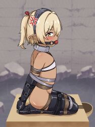 1girl anger_vein armbinder arms_behind_back bandeau bdsm blonde_hair bondage bound collar dark-skinned_female dark_skin dildo_gag flat_chest gag gagged harness highres kuzlin legbinder loli metal_collar original ponytail restrained rope seiza shibari short_hair sitting slave solo tongue tongue_out two_side_up white_bandeau yellow_eyes