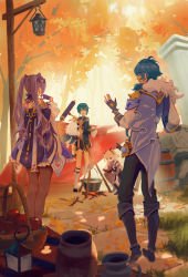2boys 3girls absurdres apple barrel basket black_pantyhose blonde_hair blue_hair boots campfire commentary_request cooking day detached_sleeves dress earrings eyepatch fischl_(genshin_impact) food fruit genshin_impact gloves halo highres jacket jewelry kaeya_(genshin_impact) keqing_(genshin_impact) lantern long_hair multiple_boys multiple_girls omegu outdoors paimon_(genshin_impact) pants pantyhose partially_fingerless_gloves pillar pot purple_eyes romper scroll shorts single_earring squatting standing steam table tree twintails two_side_up white_hair white_romper xingqiu_(genshin_impact)