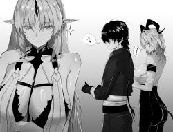 1boy 22_(wawara22) 2girls ? absurdres arm_under_breasts armband ass bare_shoulders breasts closed_mouth collar commentary curled_horns english_commentary fleurdelys_(wuthering_waves) gloves greyscale hand_up high-waist_pants highres horns huge_breasts jacket large_breasts long_hair looking_at_viewer male_rover_(wuthering_waves) monochrome multiple_girls musical_note no_eyes no_jacket pants partially_shaded_face pointy_ears rover_(wuthering_waves) sidelocks single_horn sleeves_rolled_up smile spoken_musical_note spoken_question_mark tail tight_clothes tight_pants very_long_hair wuthering_waves zani_(wuthering_waves)