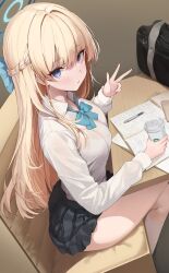1girl absurdres bag black_skirt blonde_hair blue_archive blue_bow blue_bowtie blue_eyes blue_halo blush bow bowtie bra_visible_through_clothes breasts crossed_legs cup desk disposable_coffee_cup disposable_cup haine_(artist) halo highres long_hair looking_at_viewer mechanical_pencil medium_breasts miniskirt notebook pencil school_bag school_desk shirt sitting skirt socks solo thighs toki_(blue_archive) toki_(school_uniform)_(blue_archive) very_long_hair w white_shirt white_socks