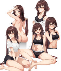 Rule 34 | 1girl, absurdres, ass, bare arms, bare legs, bare shoulders, barefoot, black shorts, breasts, brown hair, censored, cleavage, completely nude, crop top, crop top overhang, flower-shaped pupils, from behind, genshin impact, grin, highres, hu tao (genshin impact), indian style, long hair, looking at viewer, median furrow, medium breasts, midriff, multiple views, nahanmin, navel, nude, off-shoulder shirt, off shoulder, open mouth, red eyes, shirt, short shorts, shorts, simple background, sitting, smile, sports bra, stomach, symbol-shaped pupils, thighs, twintails, very long hair, white background, white shirt