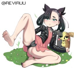 Rule 34 | 1girl, asymmetrical bangs, barefoot, black hair, black jacket, black nails, cameltoe, clenched hand, closed mouth, commentary, dress, earrings, english commentary, eyelashes, feet, gen 8 pokemon, grass, green eyes, hair ribbon, highres, jacket, jewelry, knees, leather, leather jacket, marnie (pokemon), medium hair, morpeko, morpeko (full), nail polish, nintendo, open clothes, open jacket, panties, pokemon, pokemon (creature), pokemon swsh, reviruu, ribbon, spread legs, toenail polish, toenails, toes, twintails, twitter username, two side up, underwear