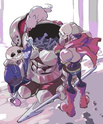 Rule 34 | 2boys, absurdres, armor, black sclera, blue jacket, bone, boots, breastplate, breath, brothers, cape, colored sclera, dog, drawstring, footprints, full body, gloves, greater dog, hand in pocket, highres, holding, holding bone, holding polearm, holding weapon, jacket, male focus, multiple boys, open mouth, papyrus (undertale), pink slippers, polearm, red boots, red cape, red gloves, sans (undertale), siblings, skeleton, slippers, smile, spear, standing, udohepu, undertale, weapon