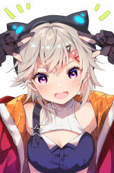 1girl animal_hat ariko_youichi black_gloves black_hat blonde_hair blush cat_hat crop_top earrings facial_mark fang gloves hair_ornament hairclip hat jacket jewelry komori_met komori_met_(5th_costume) looking_at_viewer notice_lines open_clothes open_jacket open_mouth partially_fingerless_gloves purple_eyes single_earring single_strap solo virtual_youtuber vspo! white_background
