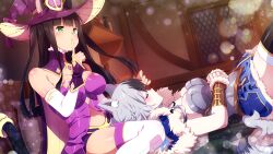 Rule 34 | 2girls, aki (sakura isekai adventure), animal ears, armor, armored dress, bedroom, cat ears, cat tail, dress, fur jacket, game cg, green eyes, green nails, grey eyes, grey hair, highres, index finger raised, inma, jacket, lap pillow, mina (sakura isekai adventure), multicolored hair, multiple girls, official art, sakura isekai adventure, sleeping, tail, thighhighs, yuri