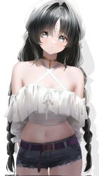 Rule 34 | 1girl, alternate hairstyle, bare shoulders, belt, black eyes, black hair, black shorts, braid, closed mouth, commentary, corrupted twitter file, criss-cross halter, cryne, denim, denim shorts, hair intakes, halterneck, hat, highres, long hair, looking at viewer, low twin braids, midriff, mole, mole under eye, navel, official alternate costume, purple belt, shirt, shorts, simple background, solo, tacet mark (wuthering waves), twin braids, twitter username, white background, white hat, white shirt, wuthering waves, yangyang (wuthering waves)