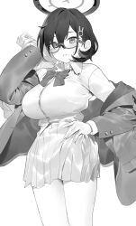 1girl absurdres blue_archive blush bow bowtie breasts buttons chihiro_(blue_archive) collared_shirt cowboy_shot glasses greyscale hair_between_eyes hair_ornament halo hand_on_own_hip highres jacket large_breasts long_sleeves monochrome open_clothes open_jacket open_mouth pleated_skirt rabbit_hair_ornament ramuri shirt short_hair simple_background skirt solo white_background