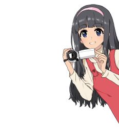 Rule 34 | 1girl, black hair, blue eyes, camera, cardcaptor sakura, daidouji tomoyo, dress, hairband, highres, holding, holding camera, long hair, looking to the side, simple background, smile, solo, wakaho riku, white background