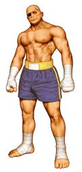 Rule 34 | 1boy, absurdres, bald, capcom vs snk, clenched hands, eyepatch, foot wraps, frown, game cg, hand wraps, highres, legs apart, male focus, mori toshiaki, muscular, muscular male, non-web source, official art, sagat, scar, scar on chest, shorts, simple background, solo, street fighter, veins, veiny arms, white background, wrist wrap