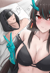 1boy 1girl absurdres after_kiss aftersex arknights black_bra black_hair blue_eyes blush bra breasts cleavage doctor_(arknights) dragon_girl dragon_horns dusk_(arknights) exhausted hair_over_one_eye hand_up hetero hickey highres horns large_breasts lying medium_breasts multicolored_hair namikare on_back red_eyes slit_pupils strap_slip streaked_hair two-tone_hair underwear v