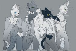 4boys animal_hands babeldj blue_eyes body_fur bow bowtie cat_boy claws coat commentary_request cowboy_shot cropped_legs eyewear_strap furry furry_male glasses green_eyes grey_background hand_on_own_hip hands_in_pockets high_collar jacket looking_at_viewer male_focus multiple_boys original round_eyewear simple_background spot_color tail vest whiskers yellow_eyes