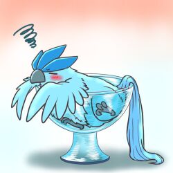 animal_focus articuno bird blush commentary_request cup full_body gen_1_pokemon gradient_background hot in_container in_cup legendary_pokemon m_sprout nintendo no_humans pokemon pokemon_(creature) simple_background solo squiggle
