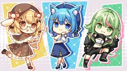 3girls ahoge animal_ear_fluff animal_ear_piercing animal_ears bandeau beret black_boots black_jacket black_shoes black_shorts blonde_hair blue_eyes blue_hair blue_hat blue_skirt blush boots brown-framed_eyewear brown_capelet brown_eyes brown_hat brown_shoes brown_skirt capelet chibi chibi_only clothing_cutout commentary_request dog_ears dog_girl earrings frilled_capelet frills full_body glasses green_hair grey_socks hair_ornament hairclip hat heart heart_earrings highres hinokuma_ran inaba_haneru_(10th_costume)_(animare) inaba_haneru_(animare) indie_virtual_youtuber jacket jewelry long_hair looking_at_viewer medium_hair midriff multicolored_hair multiple_girls nanashi_inc. navel open_clothes open_jacket open_mouth pink_hair rabbit_ears rabbit_girl shirt shoes short_hair short_sleeves shorts shoulder_cutout single_earring skirt socks souya_ichika souya_ichika_(5th_costume) streaked_hair usaba_(usabara_c) very_long_hair virtual_youtuber watch white_bandeau white_shirt white_socks wristwatch x_hair_ornament