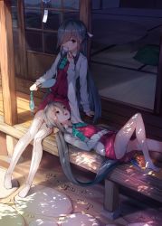 10s 2girls barefoot black_hair bow bowtie hand_fan food grey_hair hair_between_eyes hair_over_one_eye hayashimo_(kancolle) highres kantai_collection kiyoshimo_(kancolle) lap_pillow long_hair lying multiple_girls no_legwear on_back orihi_chihiro panties pantyhose paper_fan popsicle porch ramune school_uniform serafuku shirt sitting tatami twintails underwear white_shirt