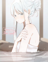 1girl absurdres alternate_hairstyle artist_name blue_archive blurry blurry_background blush colored_eyelashes commentary_request film_grain from_side grey_eyes hair_bun hand_on_own_shoulder hand_up highres kuritiizu long_hair looking_at_viewer nagusa_(blue_archive) naked_towel onsen parted_bangs parted_lips partially_submerged ripples sidelocks single_hair_bun solo towel upper_body water wet white_eyelashes white_hair