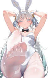 1girl 4ddd alternate_costume armpits arms_up black_bow black_bowtie blue_ribbon blush bow bowtie breasts closed_mouth colored_eyelashes commentary detached_collar earrings embarrassed english_commentary eyelashes feet foot_focus foot_out_of_frame frown furrowed_brow grey_eyes grey_hair hair_ribbon highleg highleg_leotard highres jewelry jinhsi_(wuthering_waves) leotard long_hair looking_at_viewer mole mole_on_cheek no_shoes pantyhose playboy_bunny ribbon simple_background small_breasts soles solo standing standing_on_one_leg strapless strapless_leotard thighband_pantyhose toe_seam toes traditional_bowtie twintails very_long_hair white_background white_leotard white_pantyhose white_wrist_cuffs wing_collar wrist_cuffs wuthering_waves