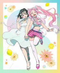 2girls alien_stage alternate_costume aqua_nails bare_shoulders belt black_hair bob_cut bracelet citi_(shirosora) closed_eyes crop_top dress floating_hair flower food fruit full_body hair_ornament hairband hairclip highres holding_hands interlocked_fingers jewelry lemon lemon_slice long_hair midriff mizi_(alien_stage) multicolored_nails multiple_girls open_mouth pearl_bracelet pink_belt pink_flower pink_nails pink_shoes pink_skirt purple_belt shirt shoes short_hair skirt sleeveless sleeveless_dress smile square_neckline striped_clothes striped_shirt sua_(alien_stage) thighhighs twintails very_long_hair white_dress white_footwear white_hairband white_thighhighs yellow_flower