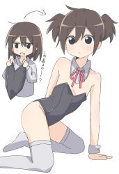 1girl absurdres animal_ears auhuheben17 bare_shoulders black_leotard blush brown_hair detached_collar highres jacket kneeling leotard looking_at_viewer original playboy_bunny rabbit_ears school_uniform short_hair solo strapless strapless_leotard thighhighs twintails white_background wrist_cuffs