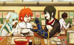 2boys 2girls :d arjuna_(fate) blue_hair bowl brown_hair chaldea_uniform chopsticks closed_eyes commentary_request cup dark-skinned_male dark_skin drinking_glass envy fate/grand_order fate_(series) feeding folding_fan food fujimaru_ritsuka_(female) gauntlets green_hair grey_jacket hair_between_eyes hand_fan holding indoors jacket japanese_clothes kimono kiyohime_(fate) long_hair long_sleeves mi_(pic52pic) multiple_boys multiple_girls one_side_up open_mouth orange_eyes plate red_hair rice slice_of_life smile tattoo white_kimono wide_sleeves