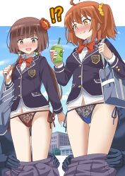 Rule 34 | !?, 2girls, 2others, absurdres, ahoge, arm at side, assisted exposure, bag, blazer, blue panties, blue sky, blunt bangs, blunt ends, blush, bow, bowtie, breasts, bright pupils, brown eyes, brown hair, closed mouth, clothes pull, collared shirt, commentary request, cup, day, disposable cup, drinking straw, emblem, fate/grand order, fate (series), feet out of frame, fujimaru ritsuka (female), hair ornament, hair scrunchie, hand up, hands up, highres, holding, holding cup, holding strap, humiliation, jacket, komahime (fate), lace, lace panties, large breasts, large variant set, letterboxed, long hair, long sleeves, looking down, low twintails, medium hair, multiple girls, multiple others, nose blush, one side up, open mouth, orange eyes, orange hair, outdoors, outside border, panties, pantsing, pleated skirt, pulling another&#039;s clothes, purple jacket, purple skirt, red bow, red bowtie, red panties, school bag, school uniform, scrunchie, shimouki izui, shirt, side-tie panties, skirt, skirt pull, sky, small breasts, smile, sphere hair ornament, split mouth, standing, surprised, twintails, underwear, variant set, wavy mouth, white pupils, white shirt, wing collar, yellow scrunchie