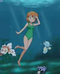 1girl ahoge alternate_hairstyle armpit_crease barefoot breasts casual_one-piece_swimsuit clenched_hand collarbone covered_navel eyelashes fankifalu feet feet_up female_focus fingernails floating full_body gen_1_pokemon goldeen green_eyes green_one-piece_swimsuit gym_leader hair_down hand_up happy highres horsea legs medium_hair misty_(pokemon) neck nintendo ocean one-piece_swimsuit orange_hair outdoors pokemon pokemon_(creature) pokemon_frlg shellder size_difference small_breasts smile swimming swimsuit thighs toes underwater