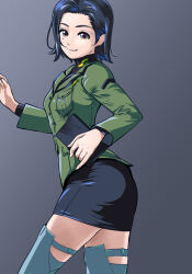 1girl absurdres blue_eyeshadow blue_hair boots comoli_harcourt eyeshadow formal_clothes green_jacket green_suit gundam gundam_gquuuuuux high_heel_boots high_heels highres holding jacket long_sleeves looking_at_viewer makeup puffy_long_sleeves puffy_sleeves short_hair smile solo suit thighs turtleneck yoyokkun