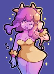 Rule 34 | 1girl, :d, alternate form, blue background, bow, breasts, cleavage, cowboy shot, dress, female focus, hair bow, highres, kalia3see, looking at viewer, monster girl, one eye closed, open mouth, personification, pink hair, purple eyes, short hair, slime (terraria), slime girl, smile, solo, terraria, wink, wrist cuffs, yellow dress