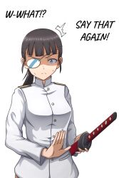 1girl black_hair blush breasts brown_eyes eyepatch hattorin large_breasts long_hair looking_at_viewer military_uniform ponytail sakamoto_mio simple_background solo strike_witches sword weapon white_background world_witches_series