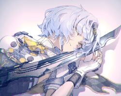 1girl anby_demara anby_demara_(silver_soldier) black_hairband braided_sidelocks closed_mouth fingerless_gloves gloves hairband highres holding holding_sword holding_weapon looking_at_viewer lying official_alternate_costume on_back orange_eyes roncele short_hair shrug_(clothing) sword upper_body weapon white_gloves white_shrug zenless_zone_zero
