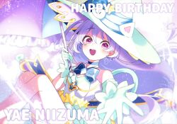 1girl :d blush character_name dress frills gloves hat highres jewelry long_hair looking_at_viewer magical_girl niizuma_yae nogiro_(usa_ru) open_mouth purple_eyes purple_hair smile solo white_gloves witch_hat world_dai_star