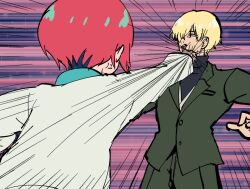 1boy 1girl amate_yuzuriha anger_vein aqua_shirt blonde_hair blue_eyes bodysuit collared_shirt engiyoshi green_jacket gundam gundam_gquuuuuux jacket long_sleeves open_mouth pants parody punching quattro_bajeena red_hair retro_artstyle school_uniform science_fiction shirouzu_(gundam) shirt short_hair style_parody sweater zeta_gundam
