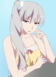 1girl albino_oscar arm_support blue_background bow_camisole brown_eyes camisole commentary_request grey_hair hair_between_eyes hair_ornament hair_scrunchie highres long_hair looking_at_viewer monogatari_(series) oikura_sodachi open_mouth owarimonogatari polka_dot_camisole scrunchie side_ponytail simple_background solo strap_slip upper_body white_scrunchie yellow_camisole