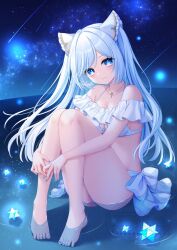 Rule 34 | 1girl, artist name, bare shoulders, blue eyes, blue nails, blush, breasts, cleavage, collarbone, fingernails, highres, jewelry, long hair, looking at viewer, nail polish, necklace, original, parted lips, partially submerged, sitting, sky, solo, star (sky), stardrop, starry sky, stomach, toenail polish, toenails, very long hair, white hair