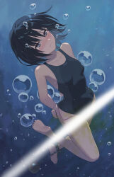 1girl air_bubble amagami asphyxiation ball_and_chain_restraint barefoot black_eyes black_hair black_one-piece_swimsuit blue_one-piece_swimsuit botan_m bound bound_wrists bubble closed_mouth collarbone commentary_request competition_swimsuit crapping_self defecating drowning egg_vibrator fart full_body highres holding_breath light_censor nanasaki_ai one-piece_swimsuit paid_reward_available restrained scat sex_toy short_hair sinking soles solo struggling submerged swimsuit two-tone_one-piece_swimsuit two-tone_swimsuit underwater vibrator vibrator_under_swimsuit water